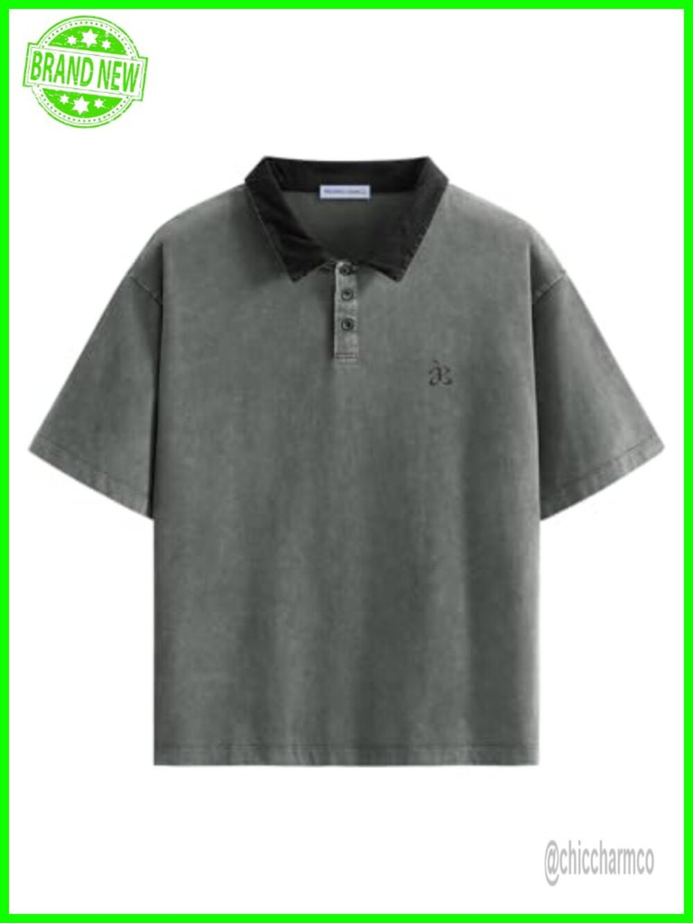 Oversized Washed Cotton Polo T-Shirt Graphic Print Short Sleeve Drop Shoulder